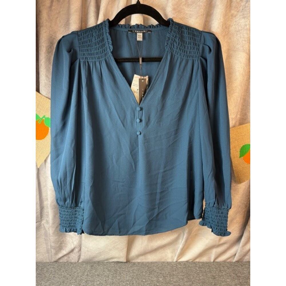 T Tahari Aegean Blue Blouse NWT Size X Small 3/4 shirred sleeve and shoulders - Picture 2 of 6